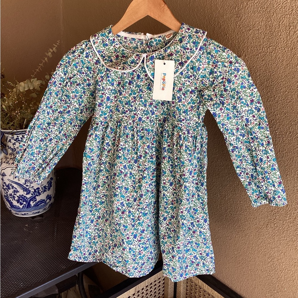 Blue and Green Floral Kids Dress with Collar